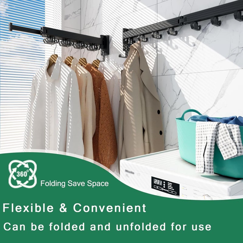 Kelisiting Wall Mount Clothes Drying Rack, Wall Mounted Drying Rack, Upgraded 3-Fold & Sturdy Laundry Drying Rack with 12 Dual-Side Hooks Space Saver for Laundry Room, Apartment, Dorms - Black - Image 2